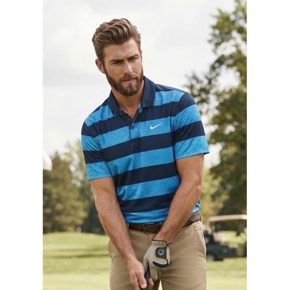 Nike Golf Dri-FIT Polo Shirt Mens Medium Blue Navy Striped Arrowhead Golf Club